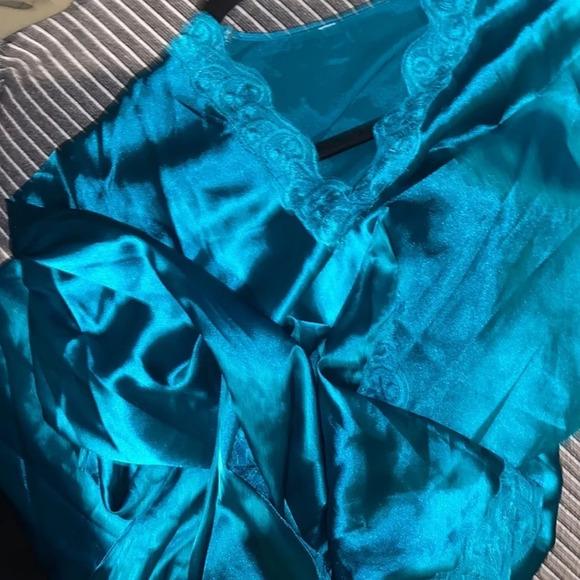 Vintage Teal Olga style lace trim long sleeve  night dress Sz M - Picture 12 of 16